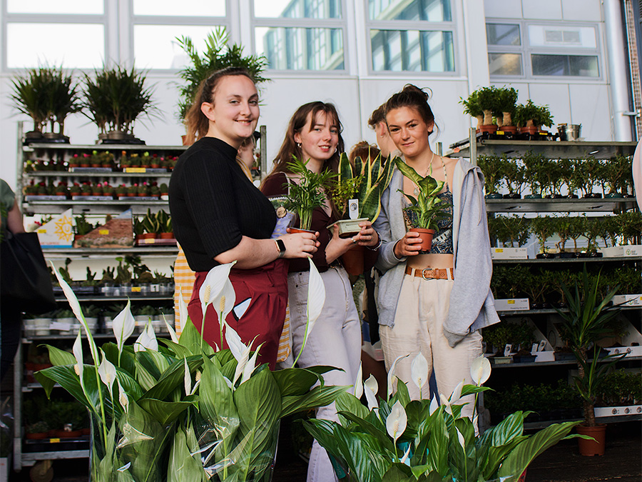 Three women holding plants at a plant stall